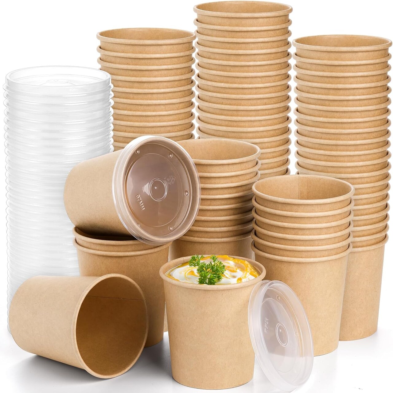 80 Pack Paper Soup Containers with Lids, 16 Oz Disposable Kraft Paper Food Cups, To Go Take Out Cups for Hot Cold Drinks